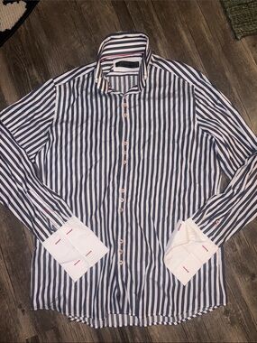 Coogi Classic Men's Dress Shirt Blue White Stripes Red Accents large 16 /32/33